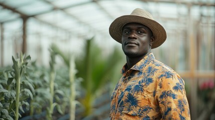 Wall Mural - African farmer in vibrant shirt and hat standing proudly in greenhouse with lush plants and ample empty space for text placement