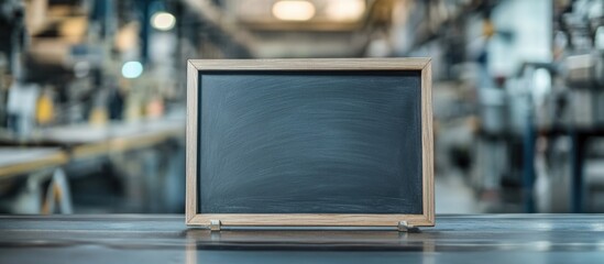 Poster - Blank chalkboard on wooden easel with blurred industrial background and copy space for text insertion