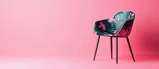 Wall Mural - Colorful tropical patterned chair on pink background with copy space for text placement.