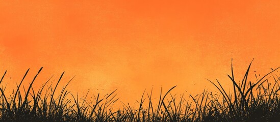 Poster - Silhouette of grass against a vibrant orange sunset background with ample Copy Space for text placement