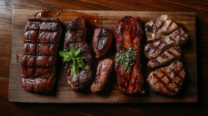 Wall Mural - Premium Grilled Meat Cuts Artfully Displayed on Rustic Wooden Cutting Board