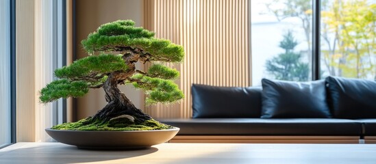 Poster - Bonsai tree centerpiece on minimalist table in modern living room with natural light and soft furnishings Copy Space