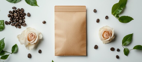 Poster - Brown paper bag with smooth surface surrounded by coffee beans, pink roses, and green leaves on a white background with Copy Space