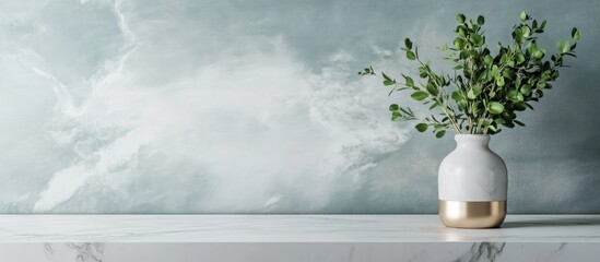Poster - White ceramic vase with green leaves on a marble countertop against a textured light blue wall with copy space.