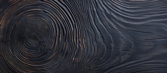 Poster - Black charred wood texture with circular grain patterns and Copy Space for text placement