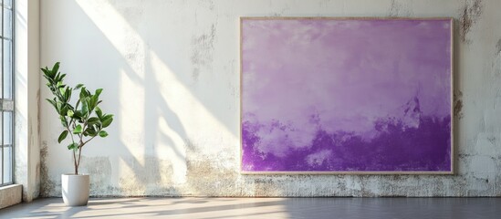 Poster - Modern interior with large abstract purple painting on wall, indoor plant in pot, natural light from window, Copy Space available
