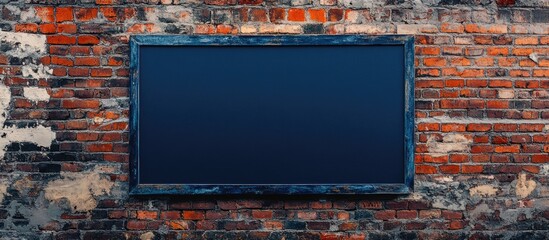 Poster - Blank blackboard on rustic brick wall with peeling paint and visible texture ideal for adding text or graphics Copy Space