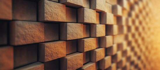Poster - Textured wooden wall with three-dimensional blocks detailed close-up in warm lighting. Copy Space available for text placement.