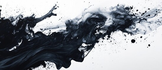 Poster - abstract black ink splash on a white background with dynamic fluid shapes and copy space for text.