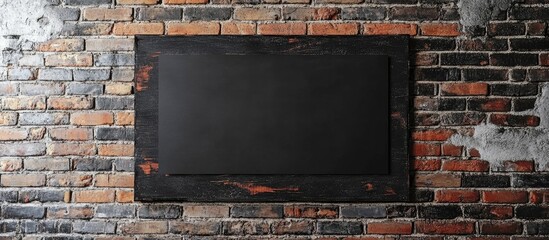 Poster - Blank chalkboard framed in rustic wood mounted on a weathered brick wall with visible texture and colors Copy Space