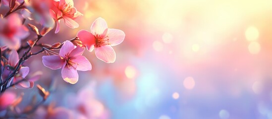 Poster - Soft focus cherry blossom flowers on a dreamy pastel background with bokeh effect and Copy Space for text placement