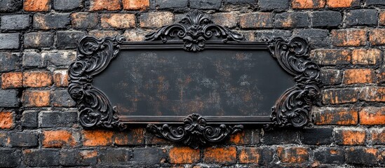 Poster - Vintage ornate frame on rustic brick wall with dark texture and hints of orange, Copy Space available for text placement.