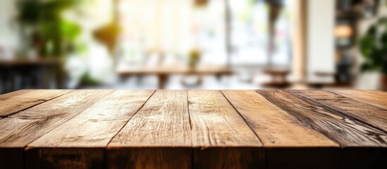 Poster - Wooden table surface with blurred cafe background and natural light, suitable for placing text, Copy Space available.