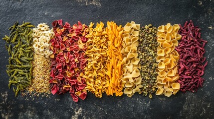 Wall Mural - Colorful assortment of raw pasta varieties with spices arranged on a textured stone background for culinary themes and food photography.