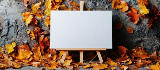 Poster - Blank canvas on easel surrounded by autumn leaves in natural setting with copy space for text or design elements.