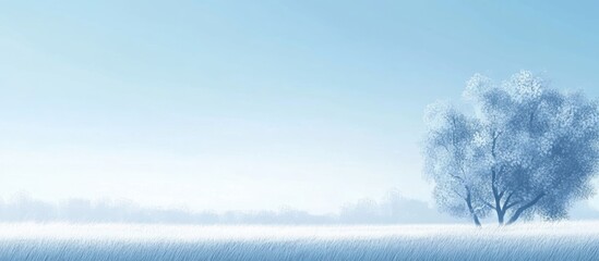 Poster - Winter landscape with snow-covered field and solitary tree under clear blue sky Copy Space