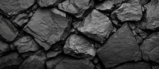 Poster - Textured black stone wall surface with various shapes and sizes of slate and granite pieces ideal for background use with Copy Space.