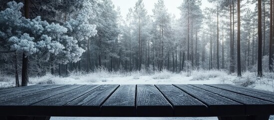 Poster - Snow-covered forest landscape with wooden table in foreground and copy space for text, winter season, tranquil nature scenery.