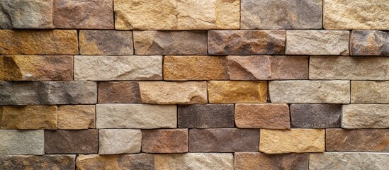 Poster - Textured wall made of natural stone bricks in warm earth tones with uneven surfaces and multiple colors Copy Space
