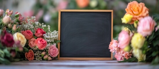 Poster - Blank chalkboard frame surrounded by colorful flowers on a wooden surface with Copy Space for text or message