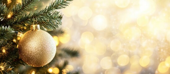 Poster - Christmas tree branch with golden ornament and blurred lights in the background Copy Space