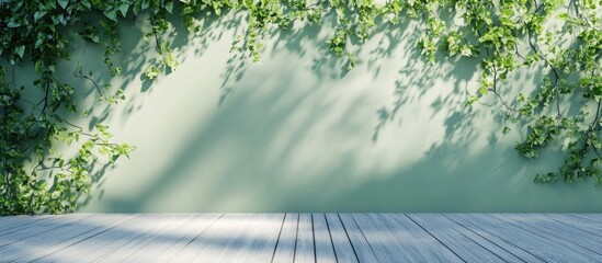 Poster - Green wall with creeping ivy and wooden floor with copy space for text or design elements