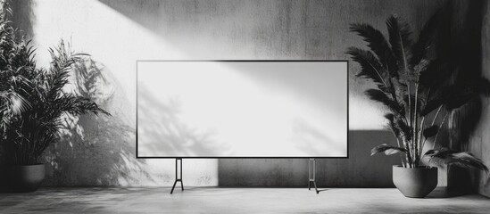 Poster - Modern minimalist interior with blank television screen and potted plants, natural light, and ample copy space for text display.