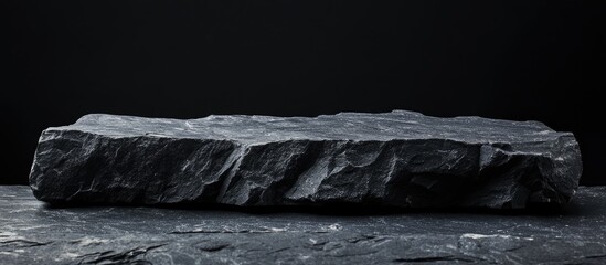 Poster - Black Slate Stone Surface with Textured Edges on Dark Background Copy Space