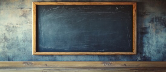 Poster - Empty chalkboard mounted on a weathered wall with wooden floor and ample copy space for text placement