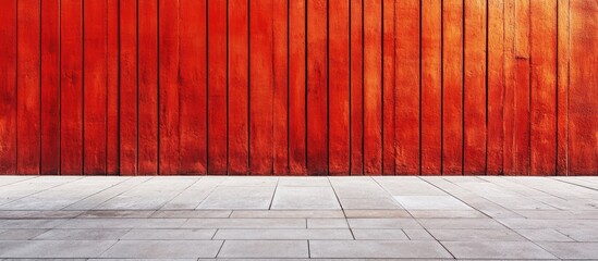 Poster - Red wooden wall with vertical panels and empty gray tiled floor with copy space for design elements or text
