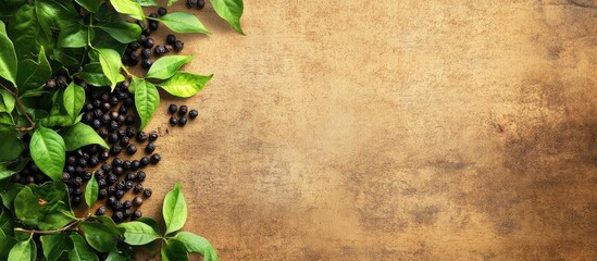 Poster - Green leaves and black berries on rustic wooden background with ample copy space for text placement.