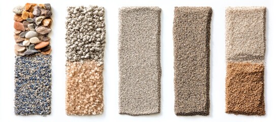 Poster - Collection of textured mineral samples including gravel, pebbles, and sand in various colors and sizes with Copy Space for text.
