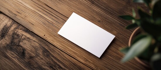 Poster - Blank business card on wooden surface with potted plant in background and copy space for text or branding.