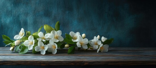 Poster - White jasmine flowers arranged on a rustic wooden table with a textured dark green background Copy Space