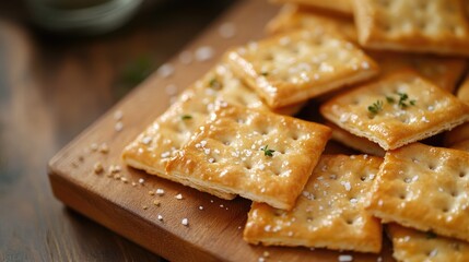 Wall Mural - Assorted Jacob's crackers arranged on a rustic wooden board with salt and herbs for a gourmet snack presentation.