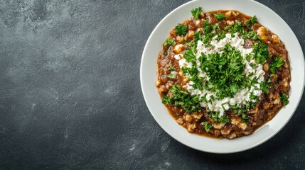 Wall Mural - Vibrant ful medames dish garnished with parsley and creamy cheese on a white plate showcasing traditional Arabic cuisine with dark background.