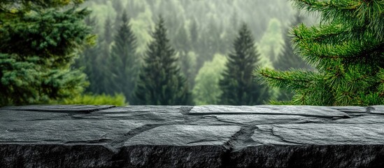 Poster - Stone surface with blurred forest background, natural setting with green trees, perfect for showcasing products or text, Copy Space.