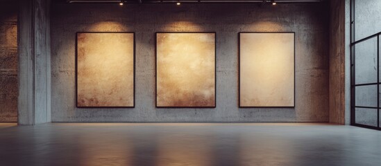 Poster - Empty art gallery with three blank frames on a concrete wall and ample copy space for text. Soft lighting enhances the minimalist design.