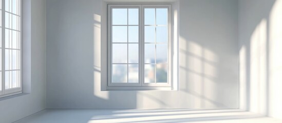 Poster - Spacious empty room with large windows casting shadows and natural light onto the white walls Copy Space