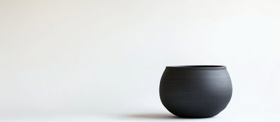 Poster - Black ceramic pot on a minimalistic white background with ample copy space for text placement. Smooth surface and rounded shape.