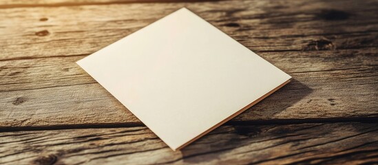 Poster - Blank square paper sheet on rustic wooden table with natural lighting and copy space for text or design elements.