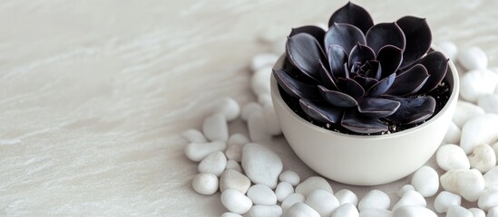 Poster - Black succulent plant in a white pot surrounded by small white stones on a light wooden surface with Copy Space.