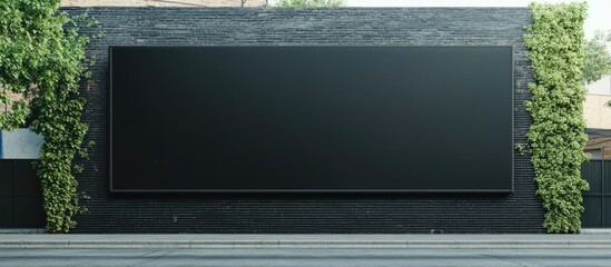 Poster - Blank billboard with green plant accents and concrete background featuring ample copy space for advertising or messaging.
