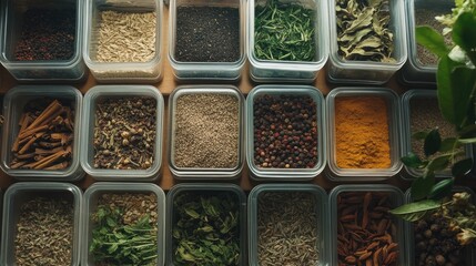 Poster - Assorted Containers of Fresh Herbs and Spices for Culinary Use on Wooden Surface