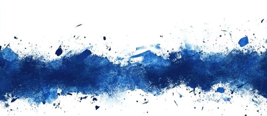 Poster - blue abstract watercolor splash with scattered paint particles on a white background featuring ample