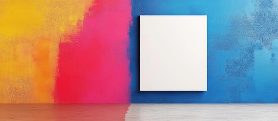 Poster - Blank Canvas on Colorful Wall with Copy Space for Text in Pink and Blue Artistic Background