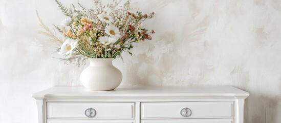 Poster - White dresser with a vase of dried flowers against a light textured wall and ample Copy Space for design elements