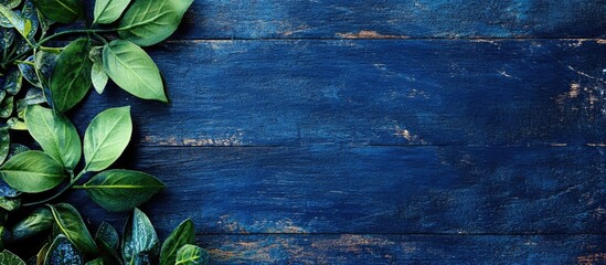 Poster - Green leaves arranged on a blue wooden background with ample copy space for text placement