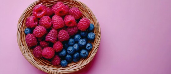 Wall Mural - Freshly picked raspberries and blueberries in a wicker basket on pink background with ample copy space for text or design purposes