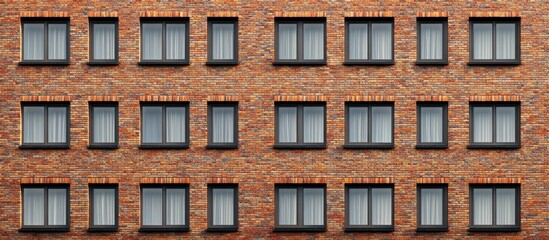 Poster - Brick wall with multiple windows displaying curtains and frames Copy Space available
